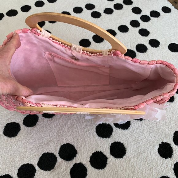 Vintage 80s 90s Wicker Straw Purse Handbag Clutch Pink Flower Wood Top Handle - Picture 6 of 11